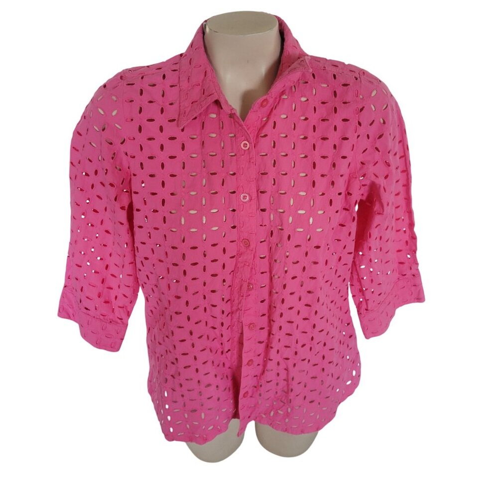 D&Co Pink Eyelet Button-Up Shirt Womens S 100% Cotton 3/4 Sleeve Collared Top